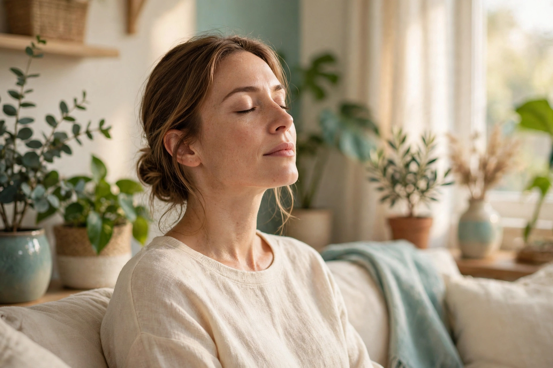 Woman taking a slow calming breath in a bright serene room