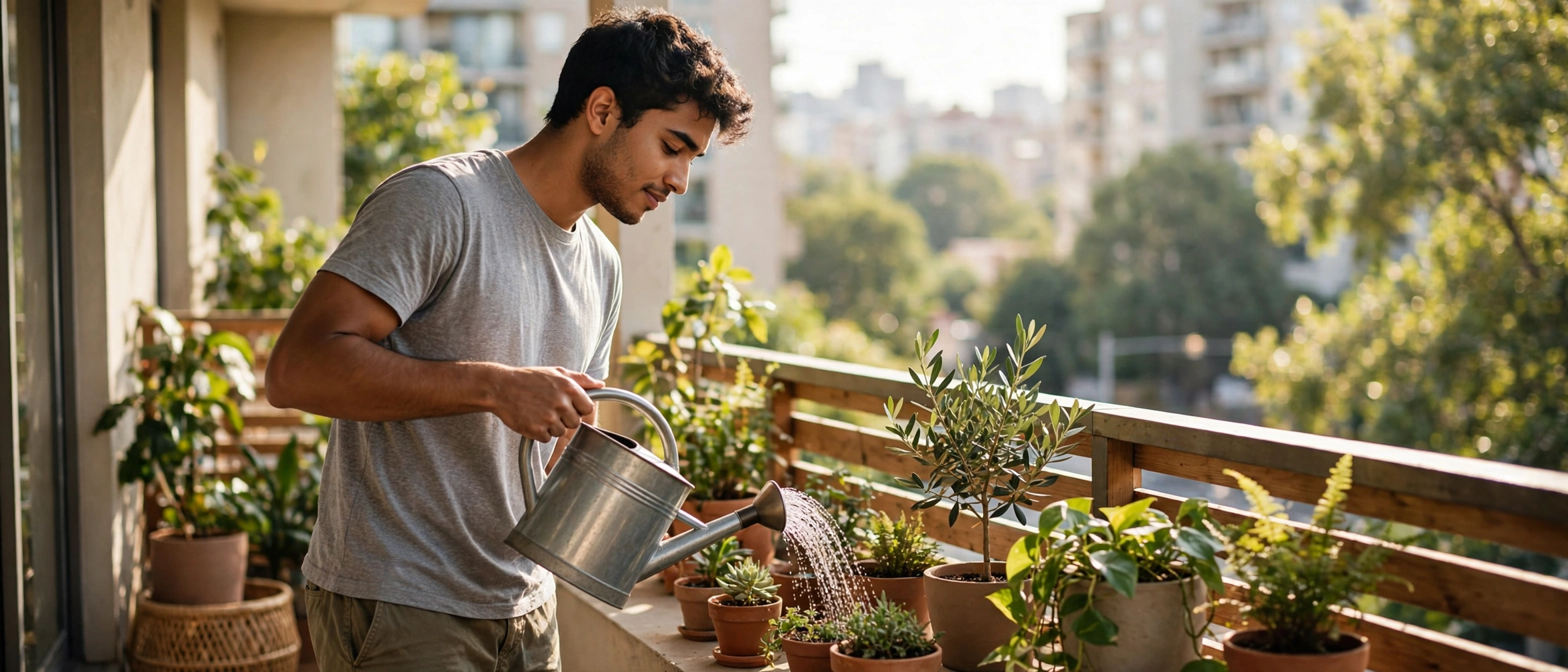 Yon jèn gason k ap wouze plant nan po sou yon balkon apatman plen solèy