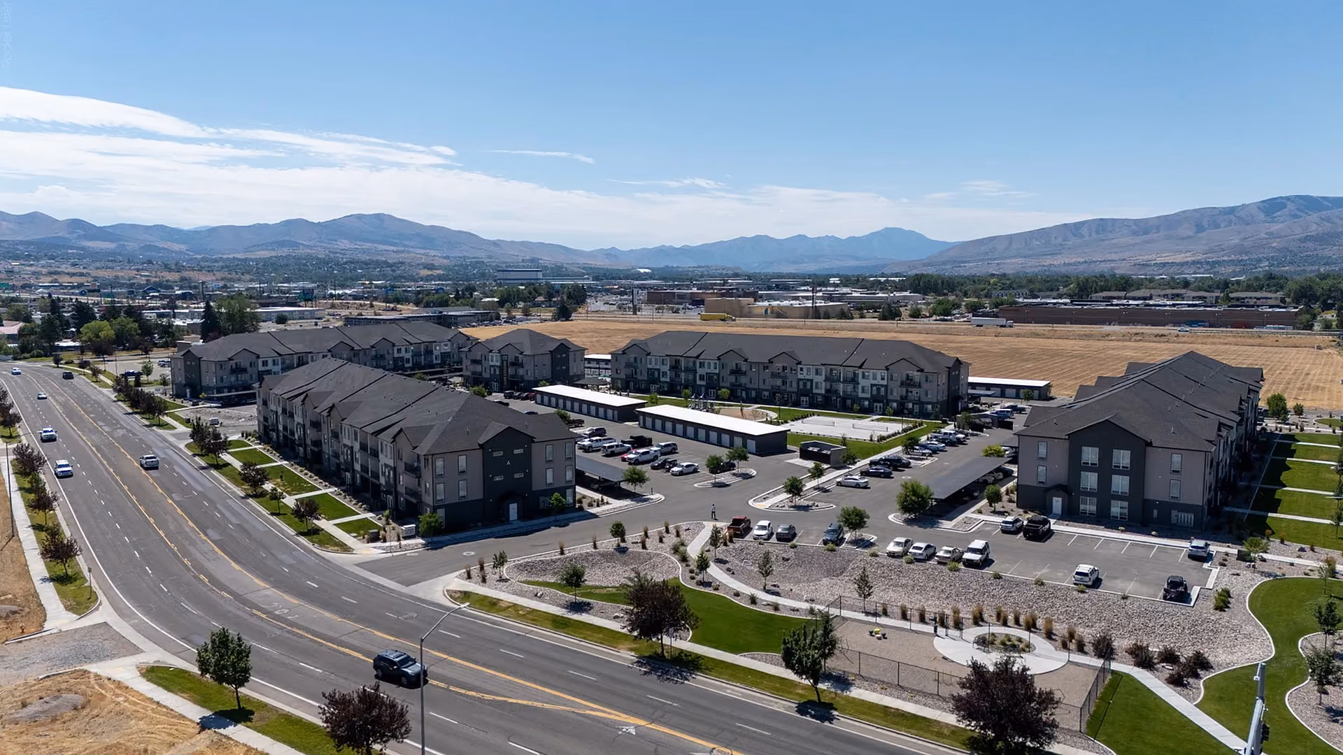 Aerial view of Via Apartments and surrounding neighborhood