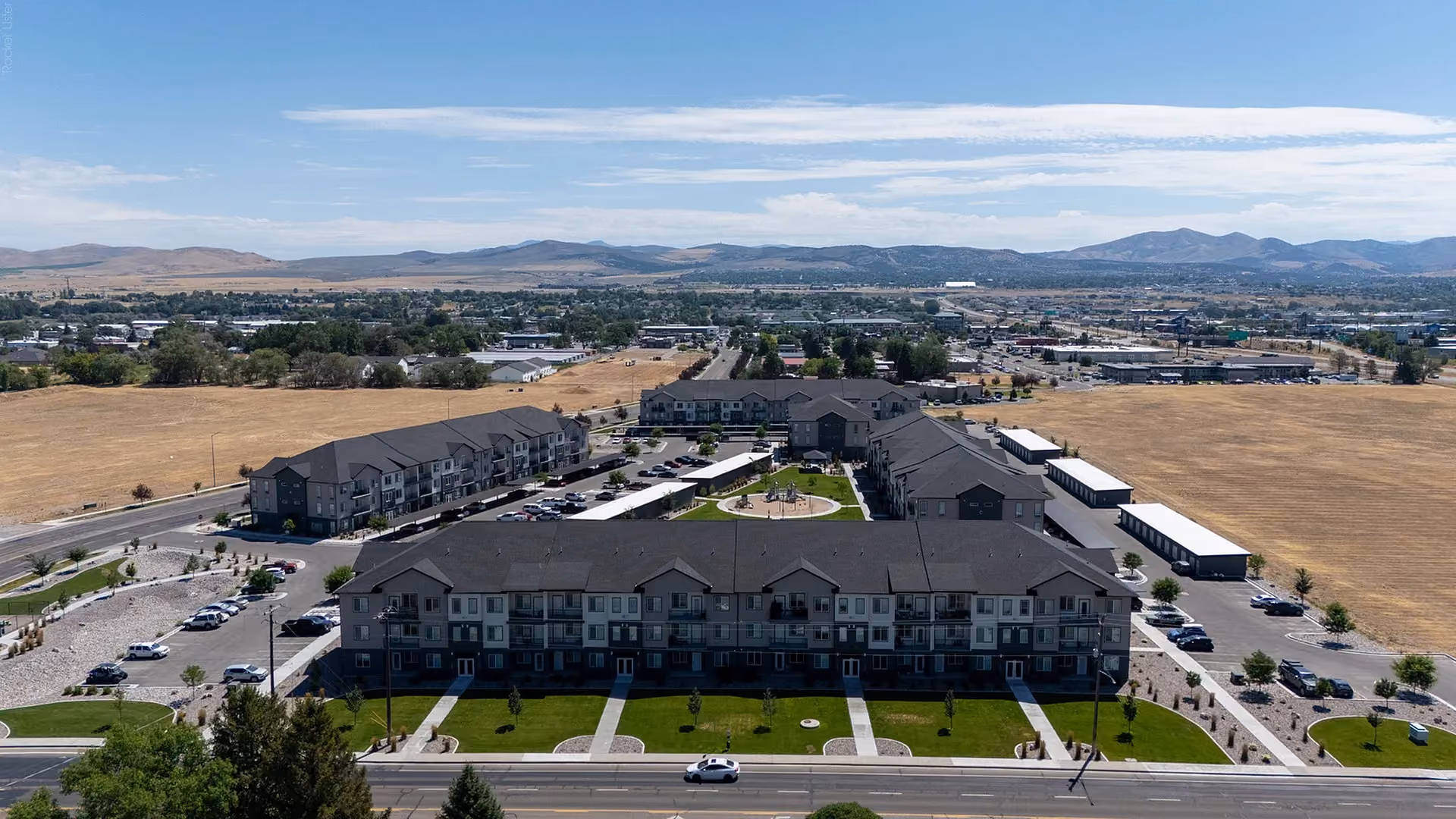 Aerial view of Via Apartments and surrounding neighborhood