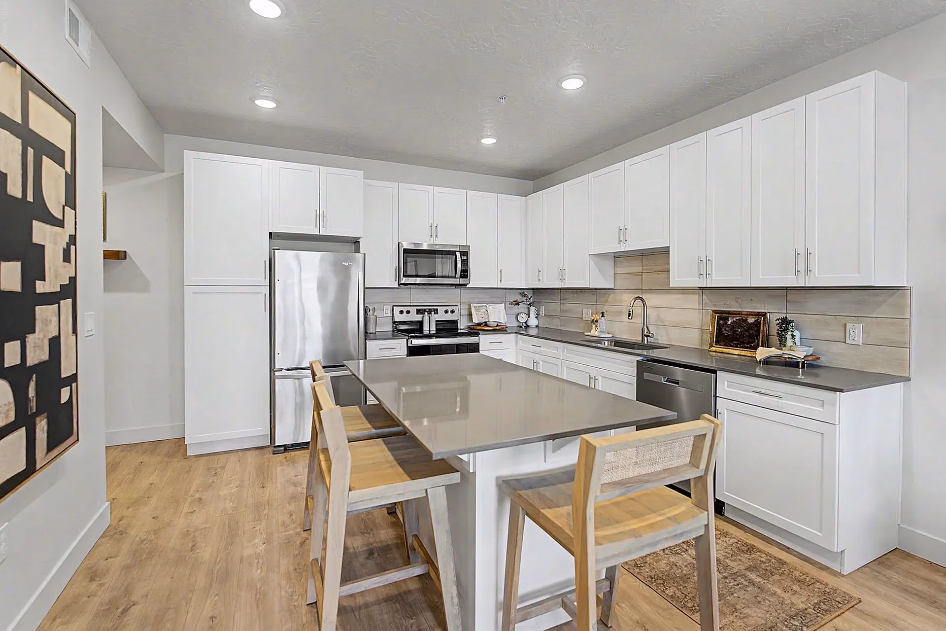 Kitchen island with view of living room