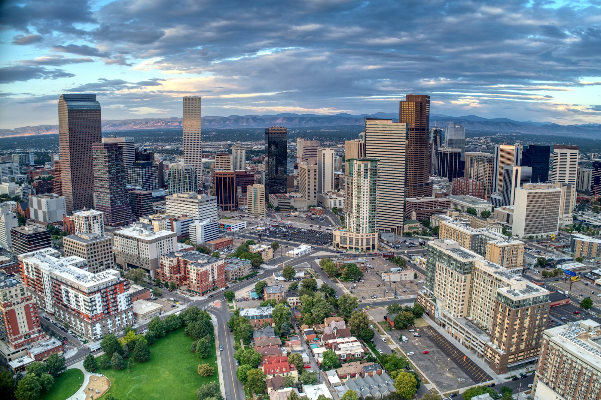 Downtown Denver skyline with the Rocky Mountains behind