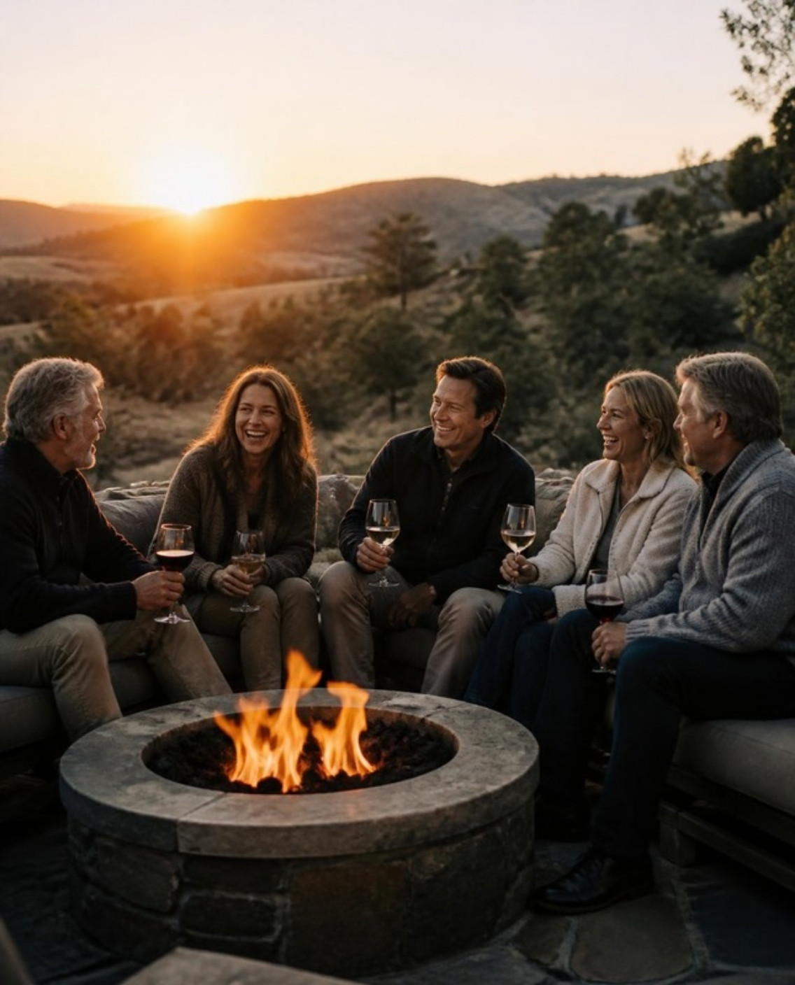Friends sharing wine around a fire pit at sunset in the foothills