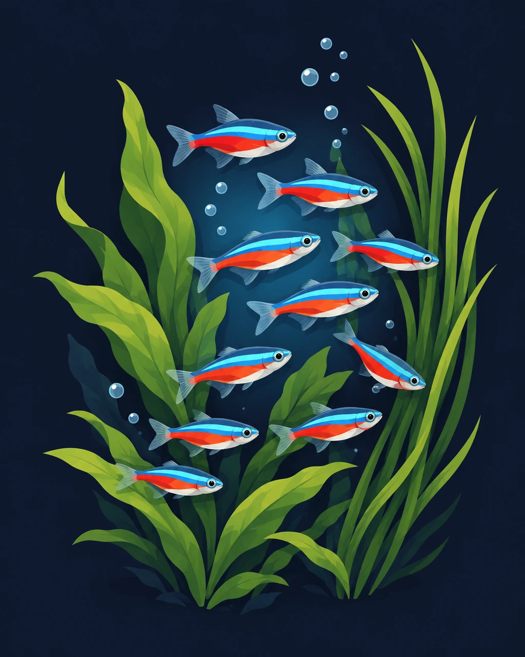 Neon tetras swimming between aquarium plants