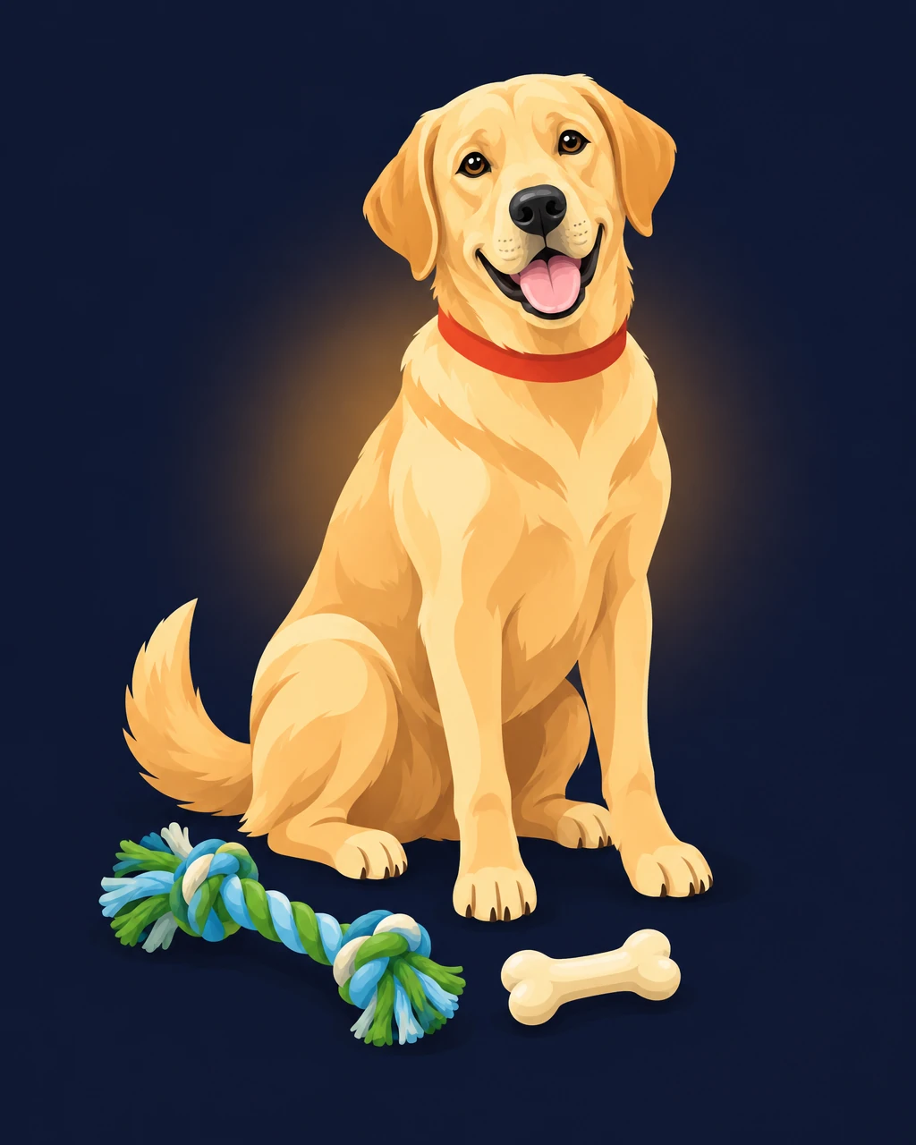 Golden retriever sitting beside a food bowl and a bone-shaped treat