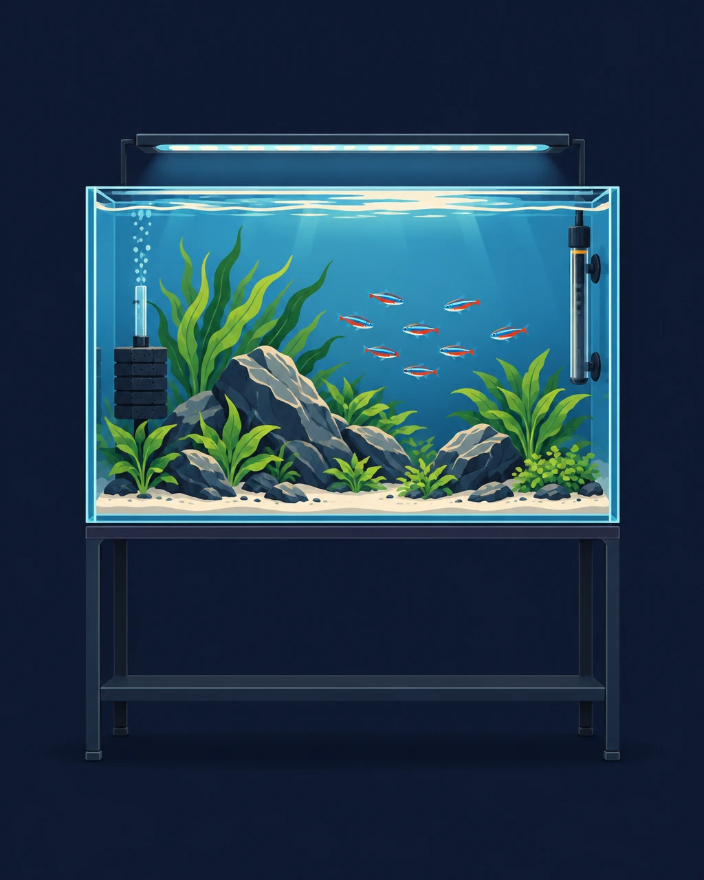 Glass aquarium with a glowing LED light bar, rocks, plants and small tropical fish