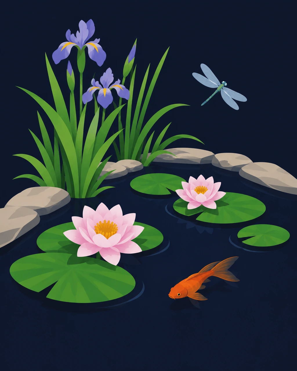Garden pond with lily pads, reeds and a goldfish