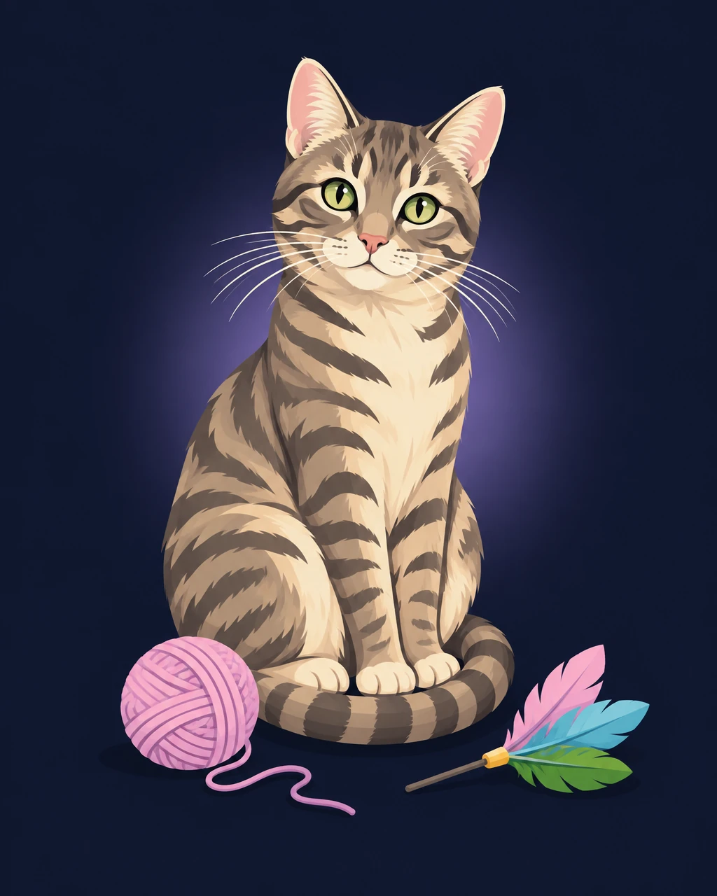 Tabby cat with a ball of wool and a feather toy