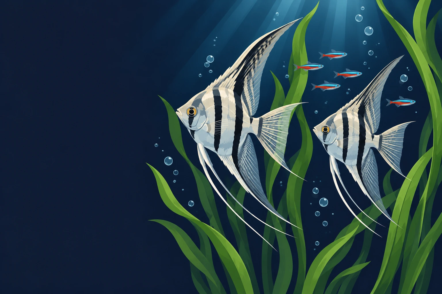 Two angelfish swimming between tall green aquarium plants with a school of neon tetras behind them