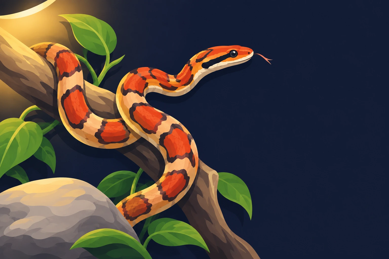 Corn snake coiled around a branch under a warm lamp among green leaves