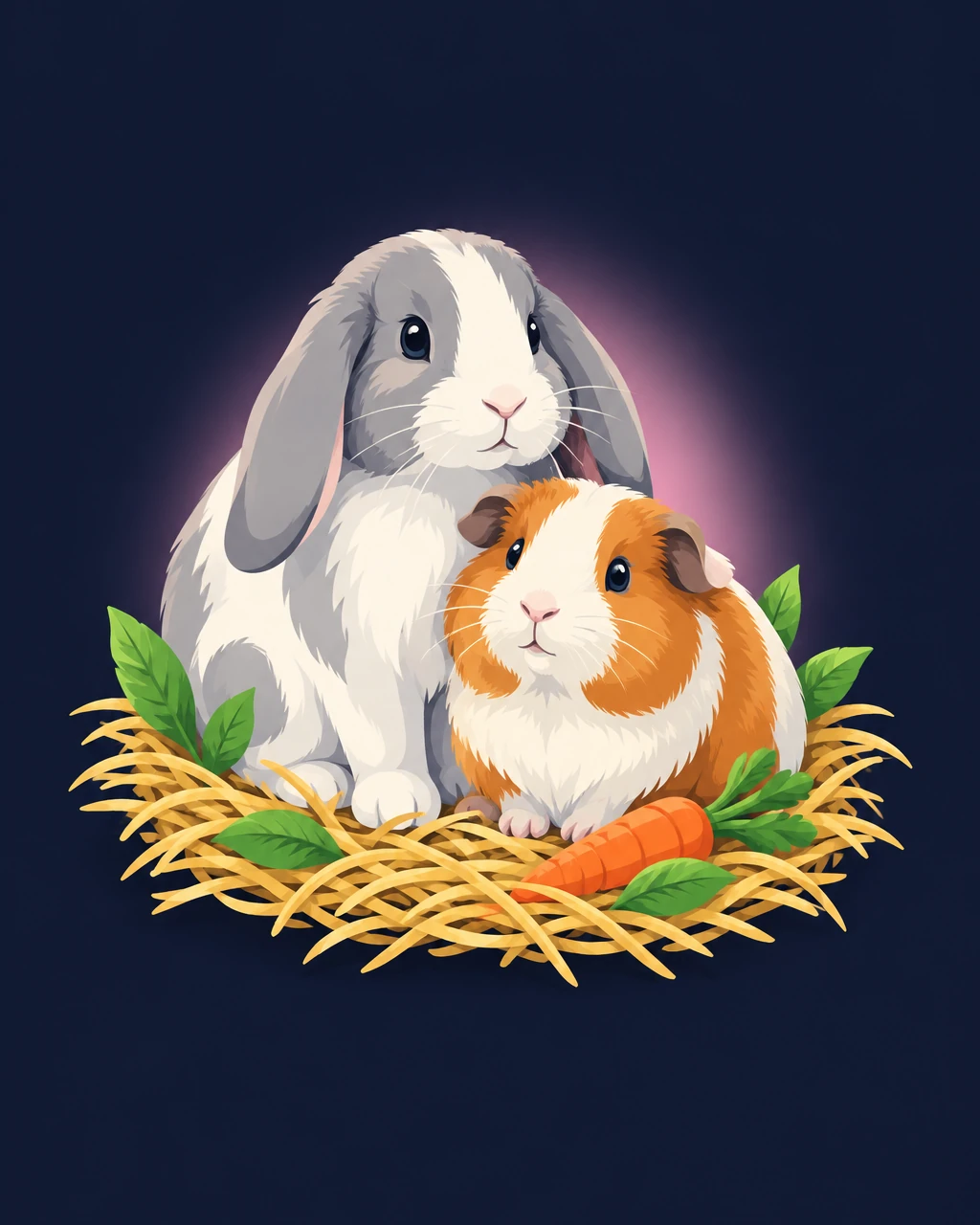 Rabbit and guinea pig sitting together on hay