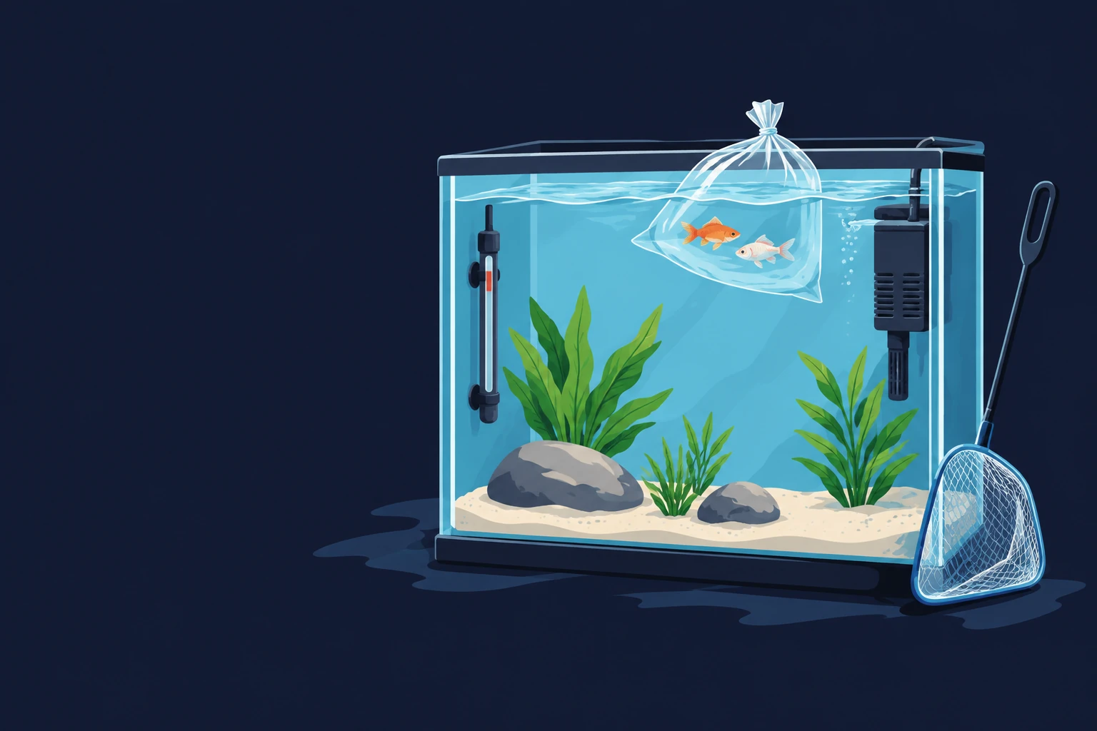 Glass aquarium with rocks and plants, a fishing net beside it and a bag of new fish floating in the water