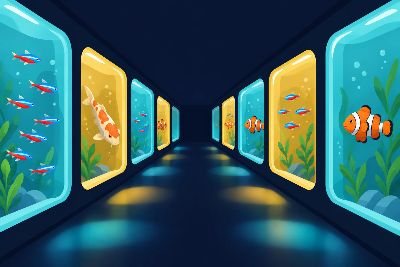 Illustrated corridor of aquariums with neon tetras, a koi and a clownfish