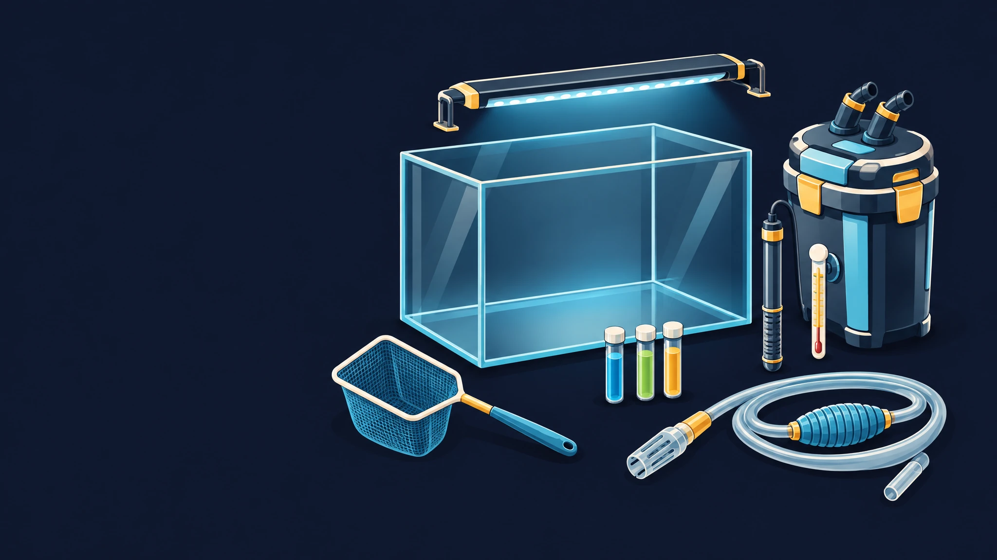 Illustrated exploded view of an aquarium kit with tank, LED light, filter, heater and test vials