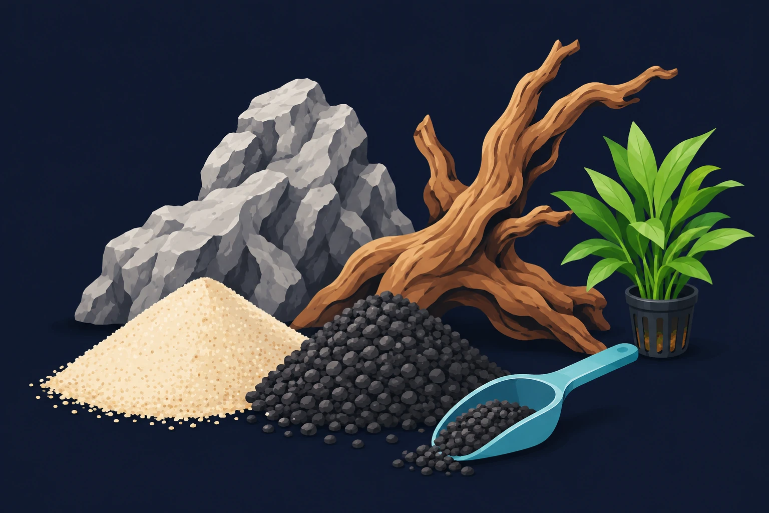 Illustrated sand, gravel, rock, driftwood and a small plant laid out for aquascaping