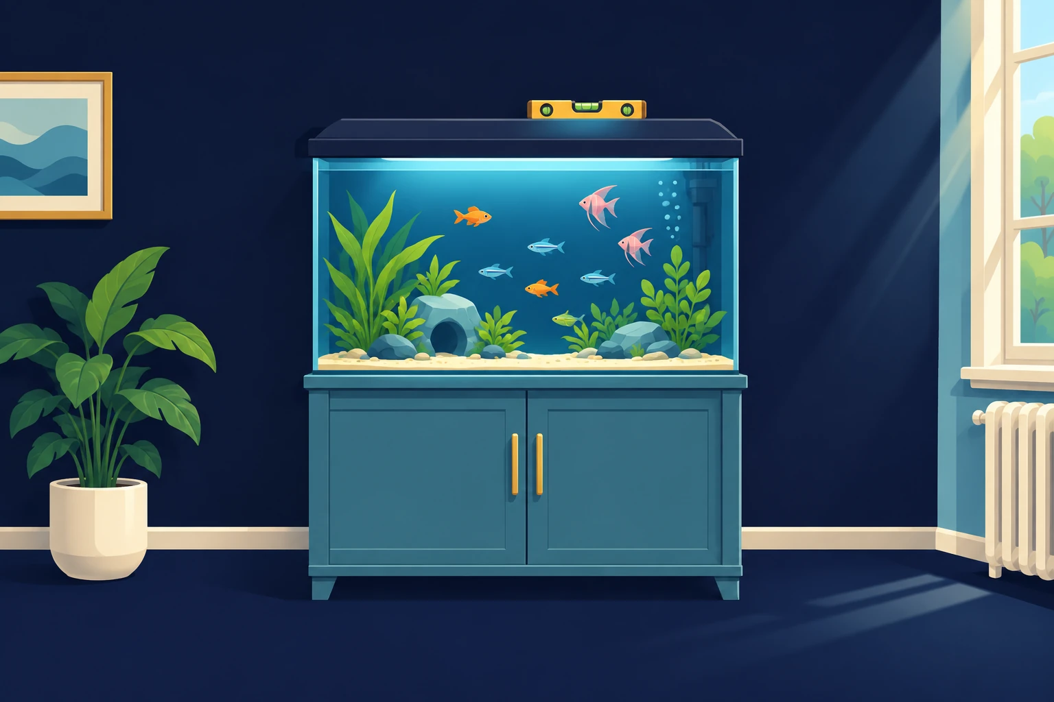 Illustration of an aquarium on a sturdy cabinet stand away from a window and radiator
