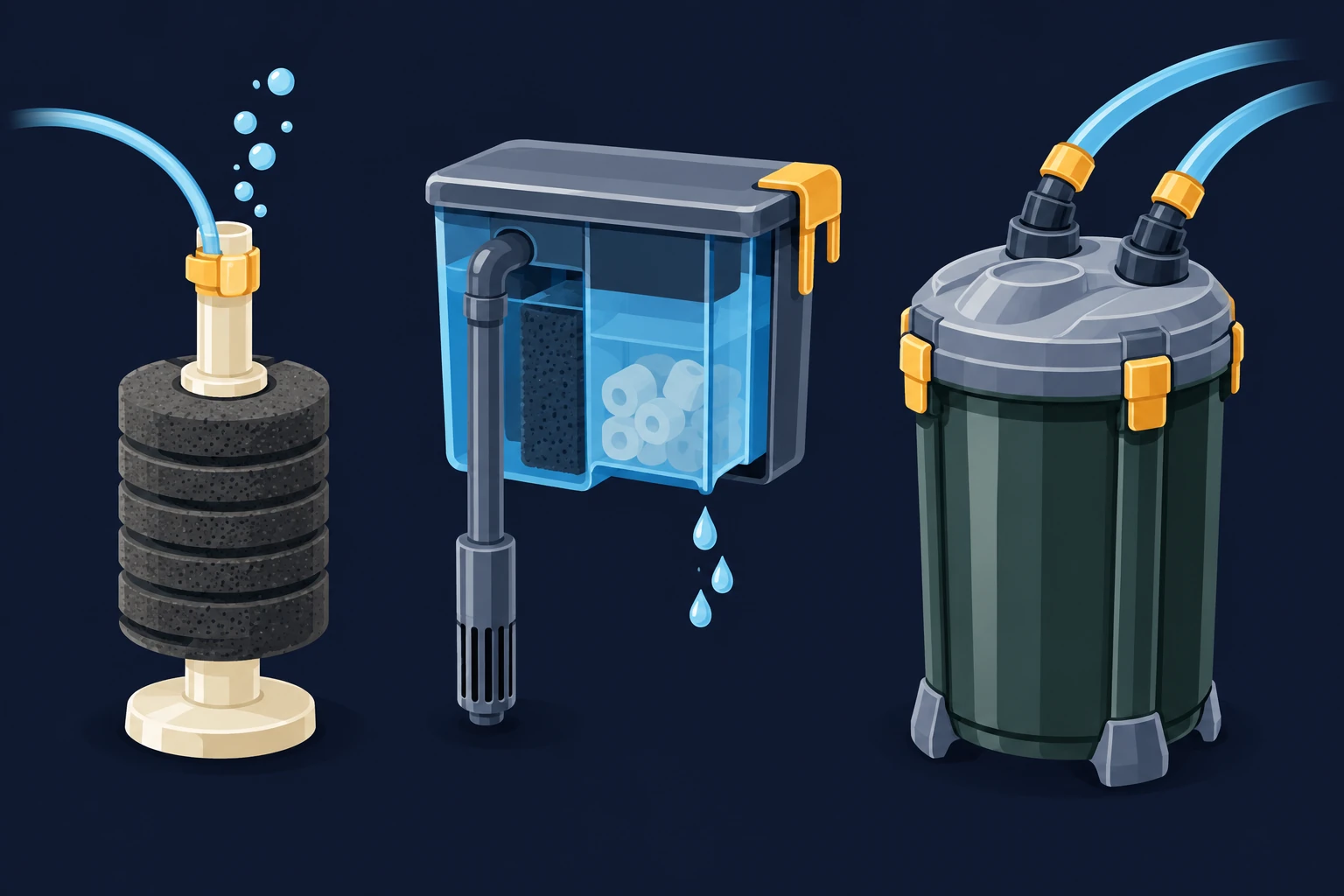 Illustrated comparison of a sponge filter, a hang-on-back filter and a canister filter