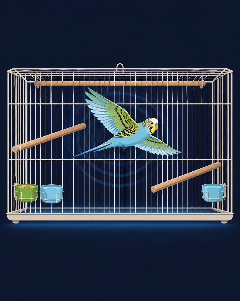 Wide rectangular cage with natural perches at different heights and a budgie in flight