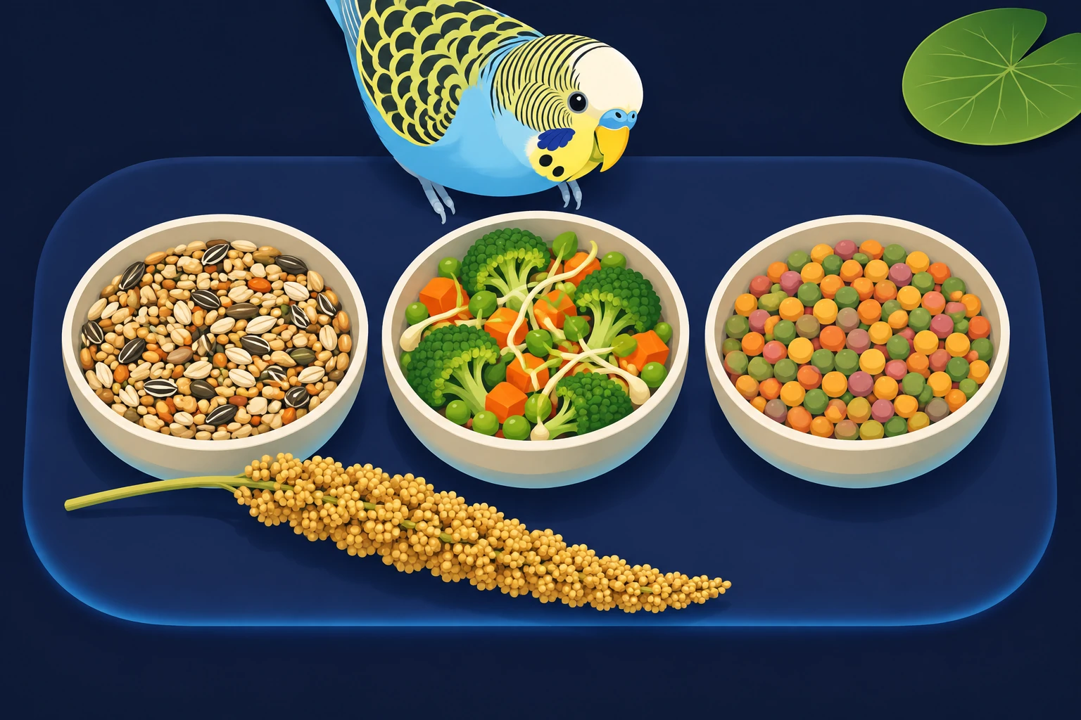 Three bowls of mixed seed, chopped fresh vegetables and pellets with a millet spray