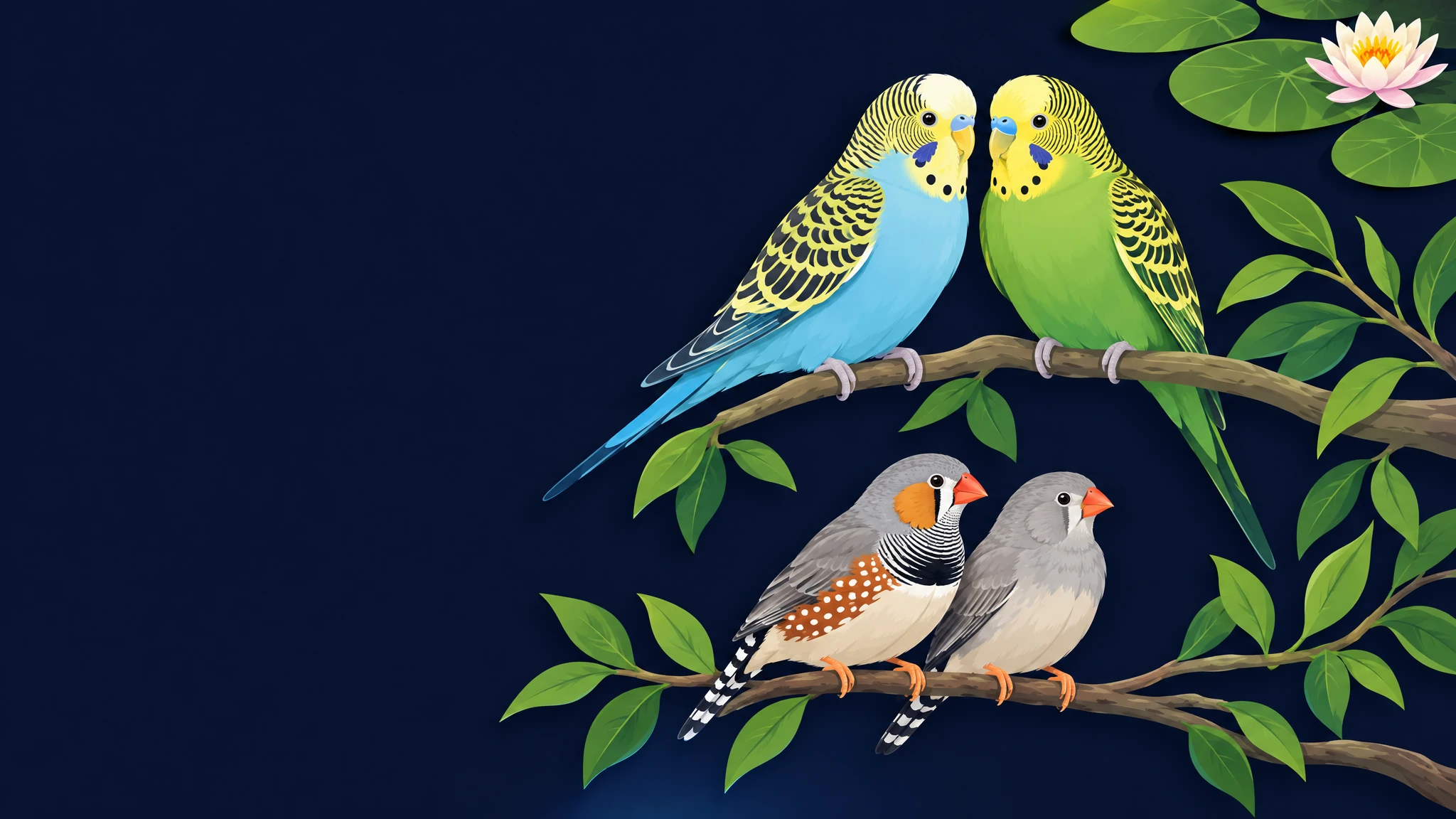 Two budgies and a pair of zebra finches perched on branches beside lily pads