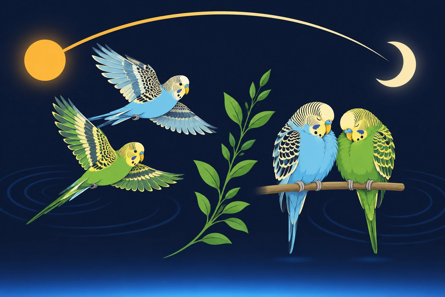 Sun and moon arc over two flying budgies and two sleeping budgies