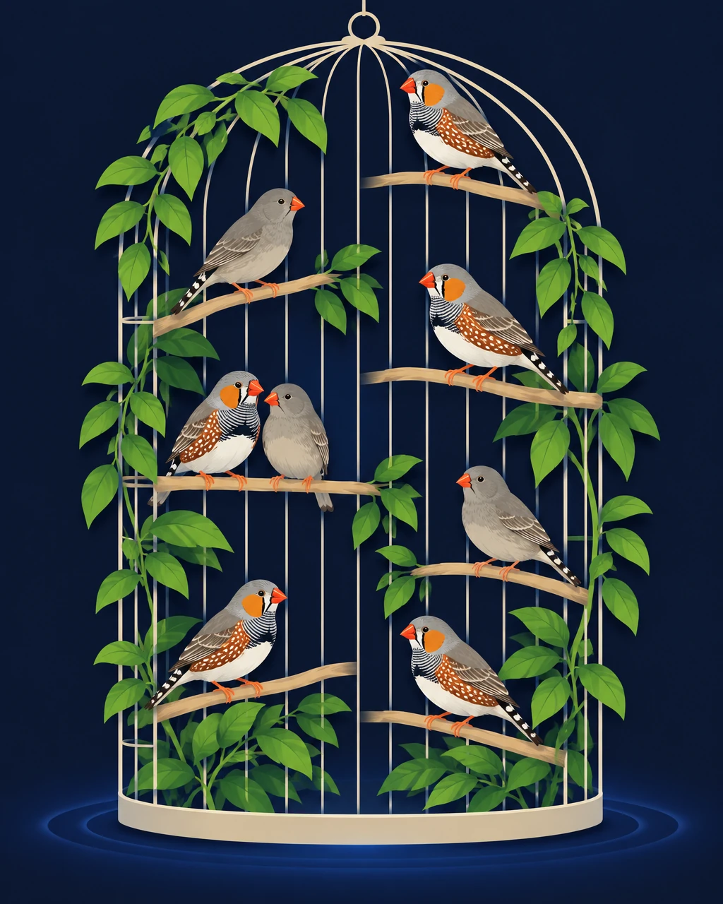 Group of zebra finches perched at different heights in a leafy aviary
