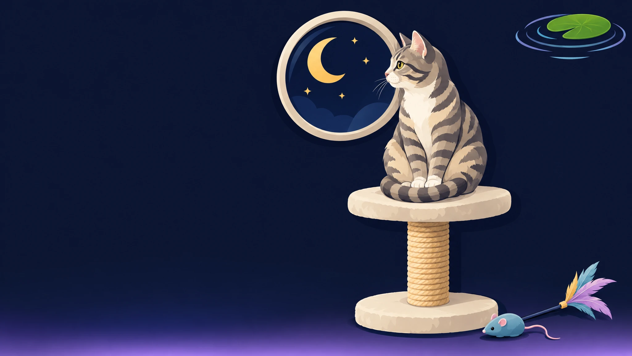 Tabby cat on a cat tree beside a round night window with scratching post and toys