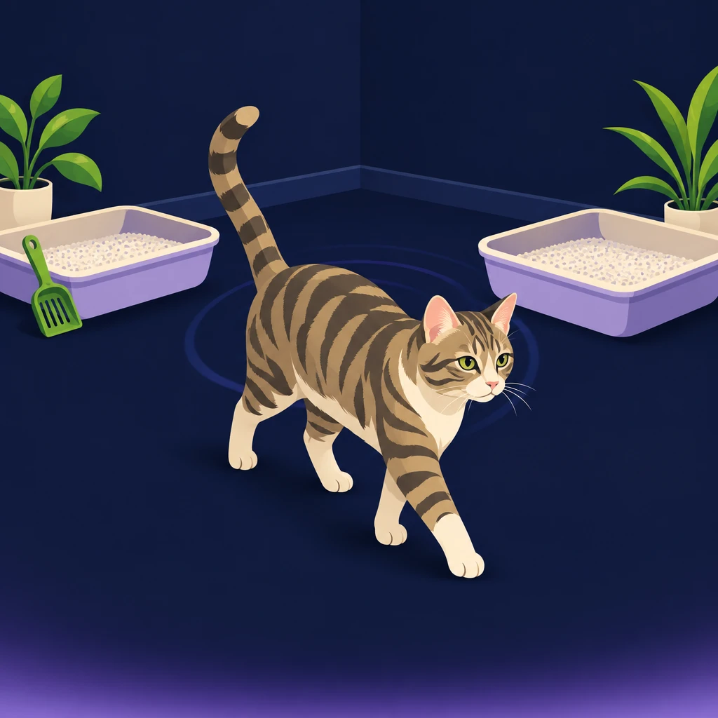 Two open litter trays in separate corners of a room with one cat between them