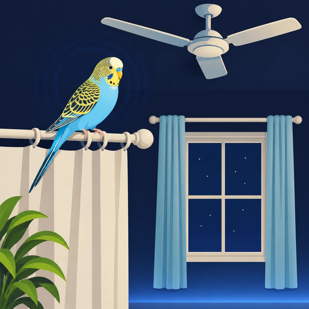 Budgie perched safely by a closed window with a still ceiling fan overhead