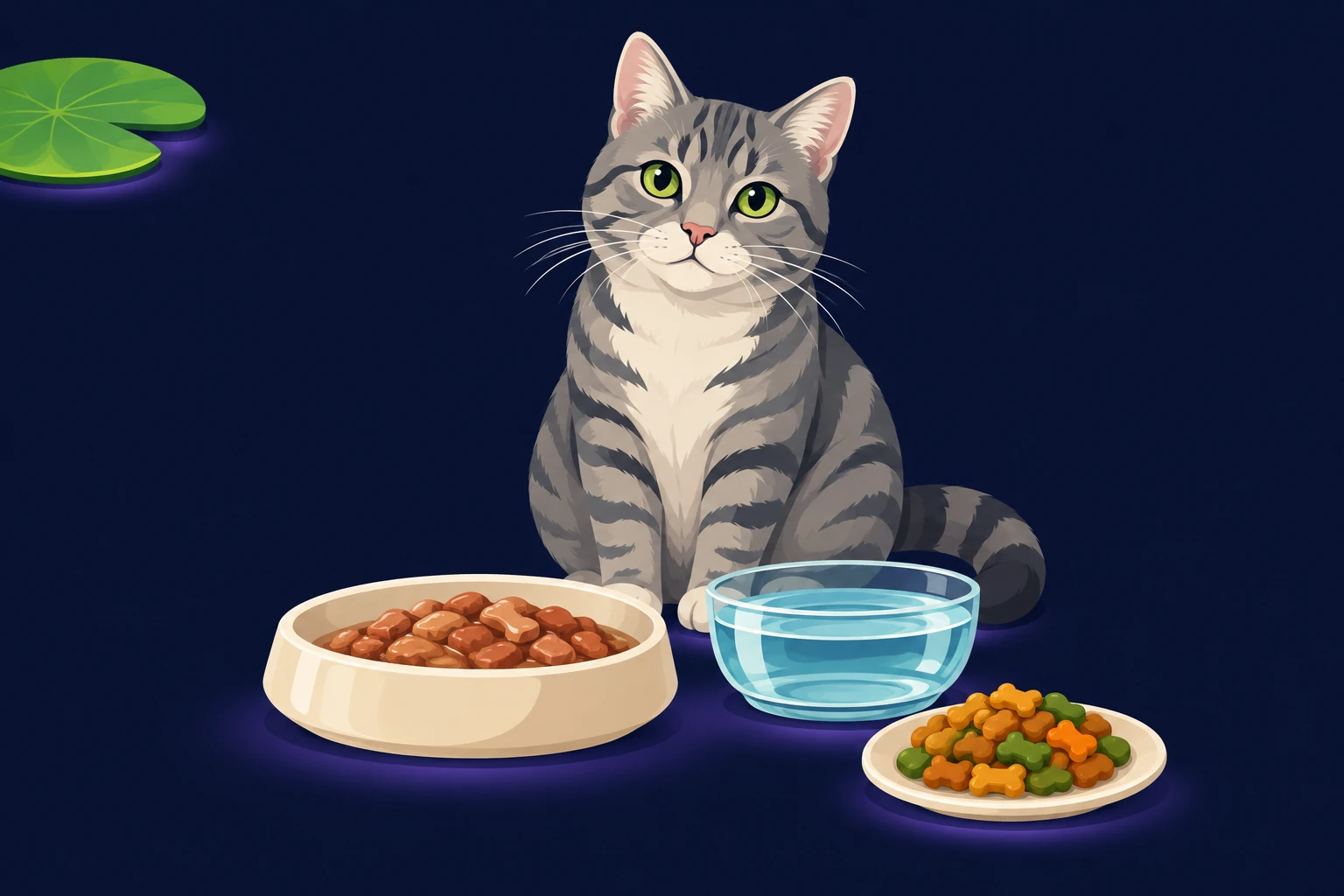 Wide shallow food bowl and a separate water bowl placed apart, with a cat watching