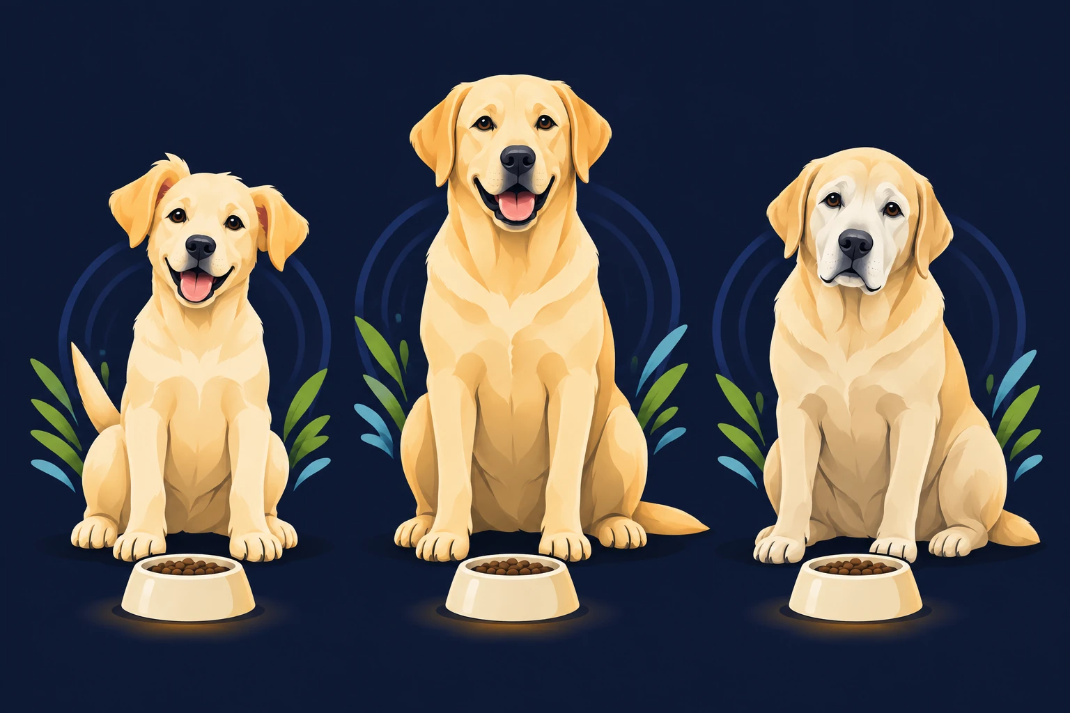 Three dogs in a row: a young dog, a grown dog and an older grey-muzzled dog