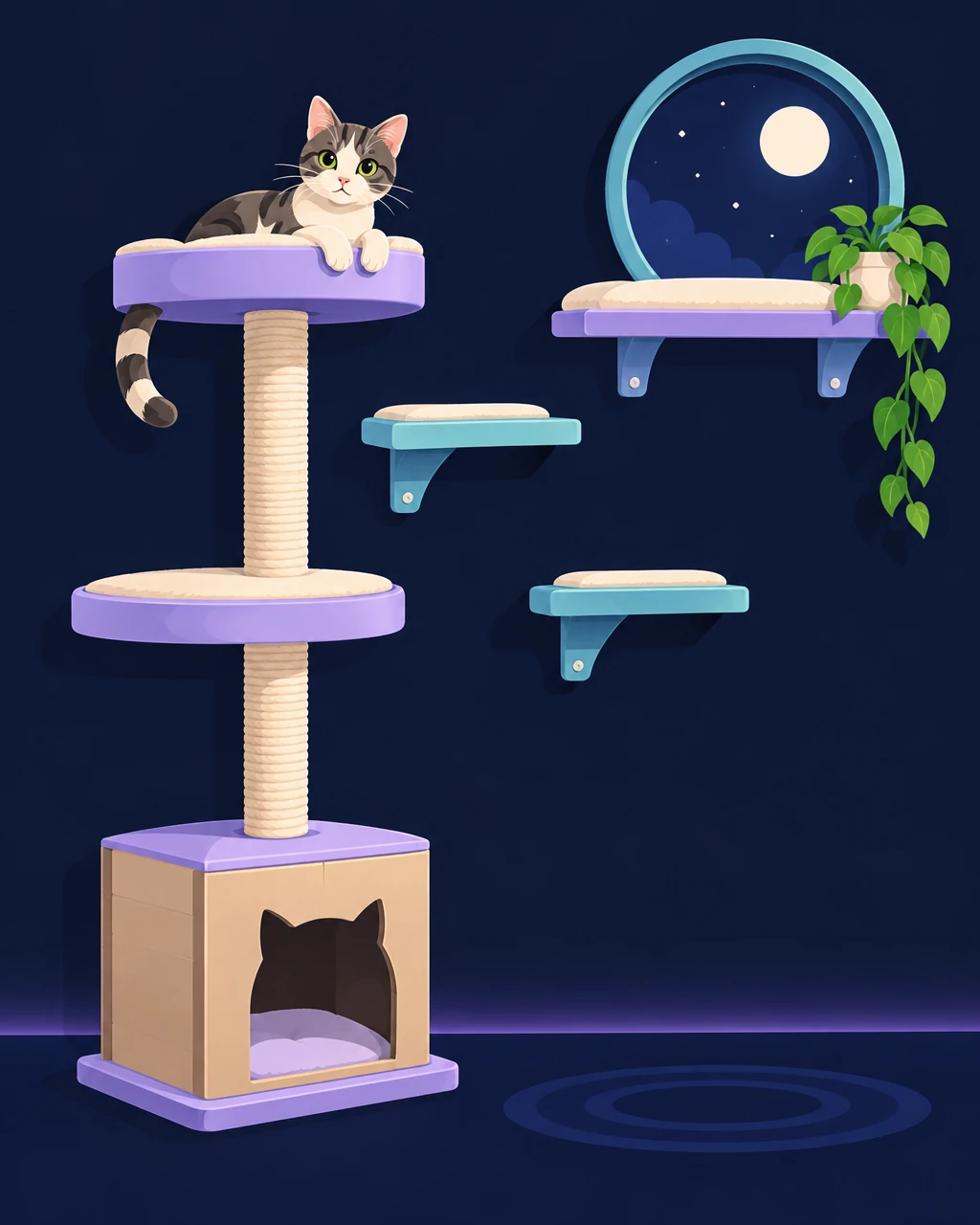Cat tree with shelves, a cardboard box hideaway and a window perch in a cosy room