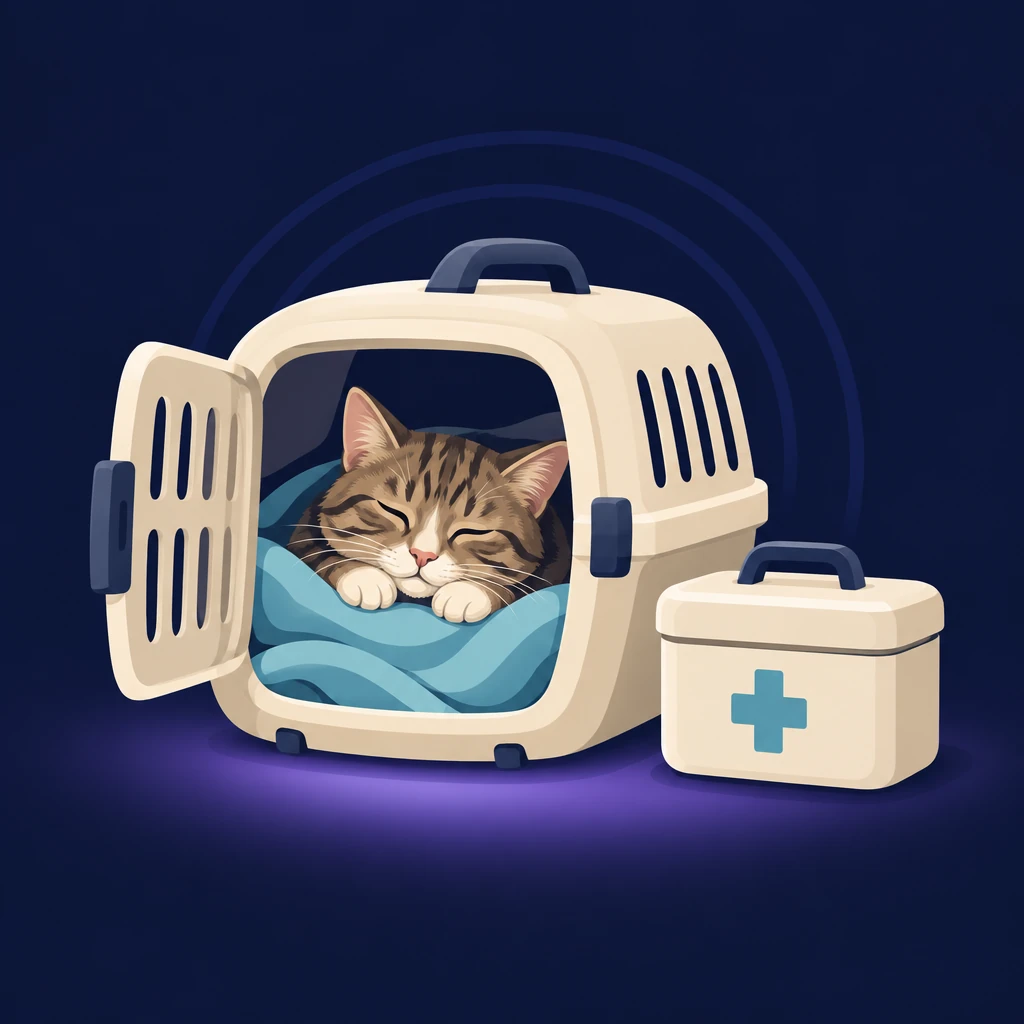 Sleepy cat peeking out of an open carrier beside a small first-aid tin