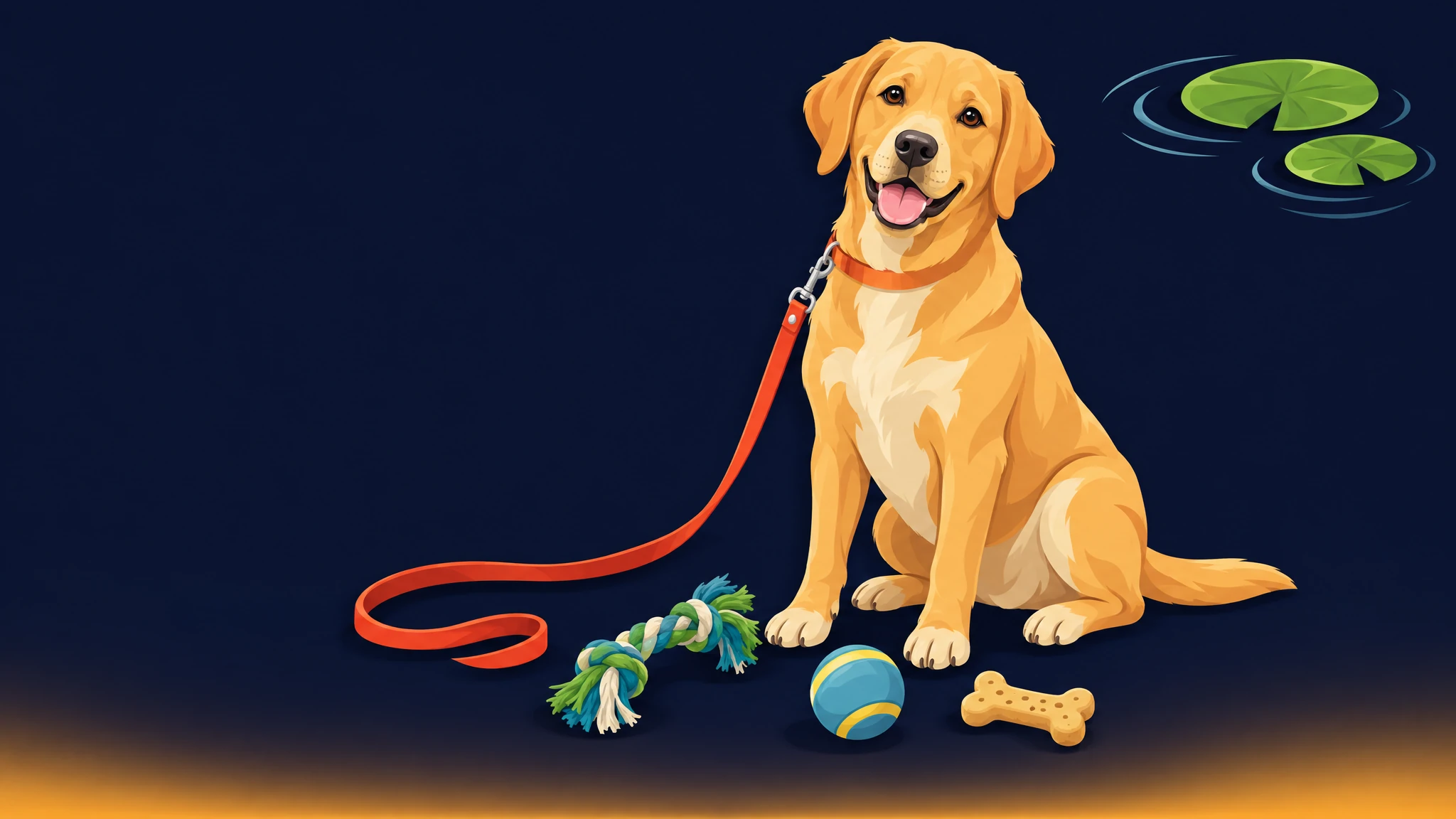 Friendly Labrador-type dog sitting with a lead, rope toy, ball and biscuit beside it