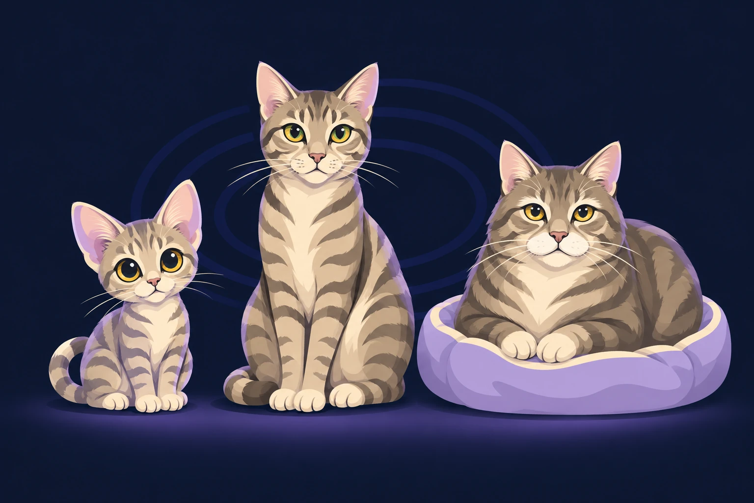 Kitten, adult cat and older grey-muzzled cat sitting side by side in a row