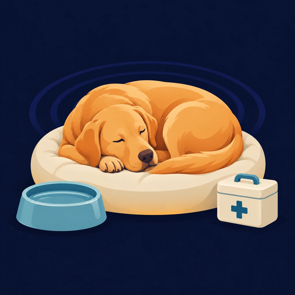 Dog curled asleep on a round cushion beside a water bowl and a small first-aid tin
