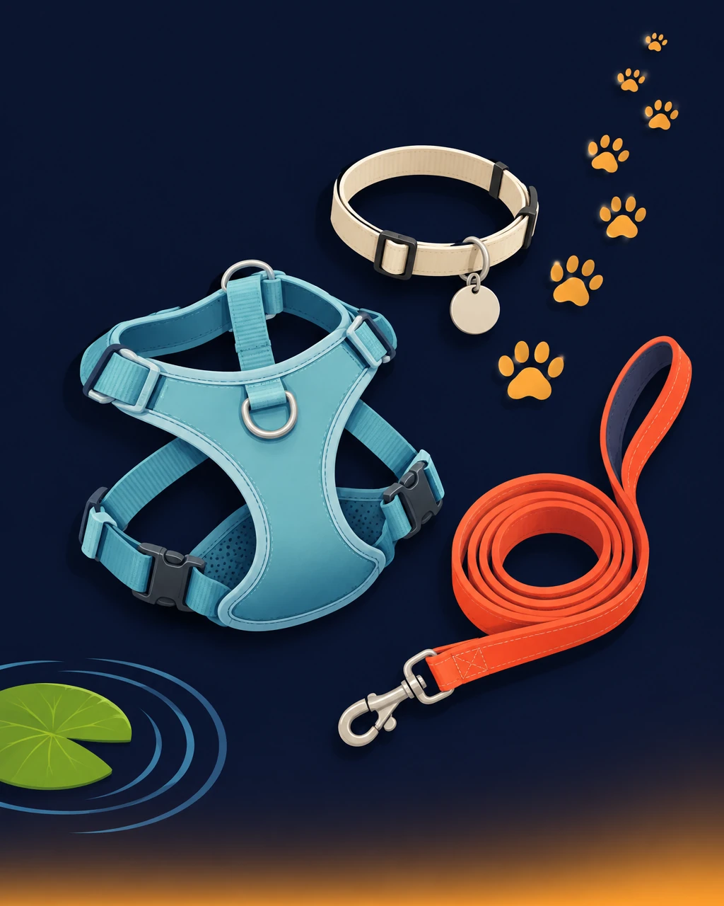 Harness, collar with a blank tag and coiled lead with paw prints leading up the path