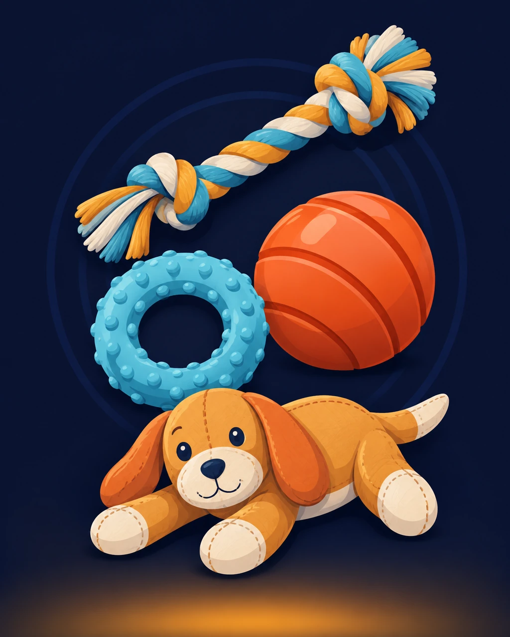 A stack of dog-safe toys: rope tug, rubber ring, large ball and soft plush toy