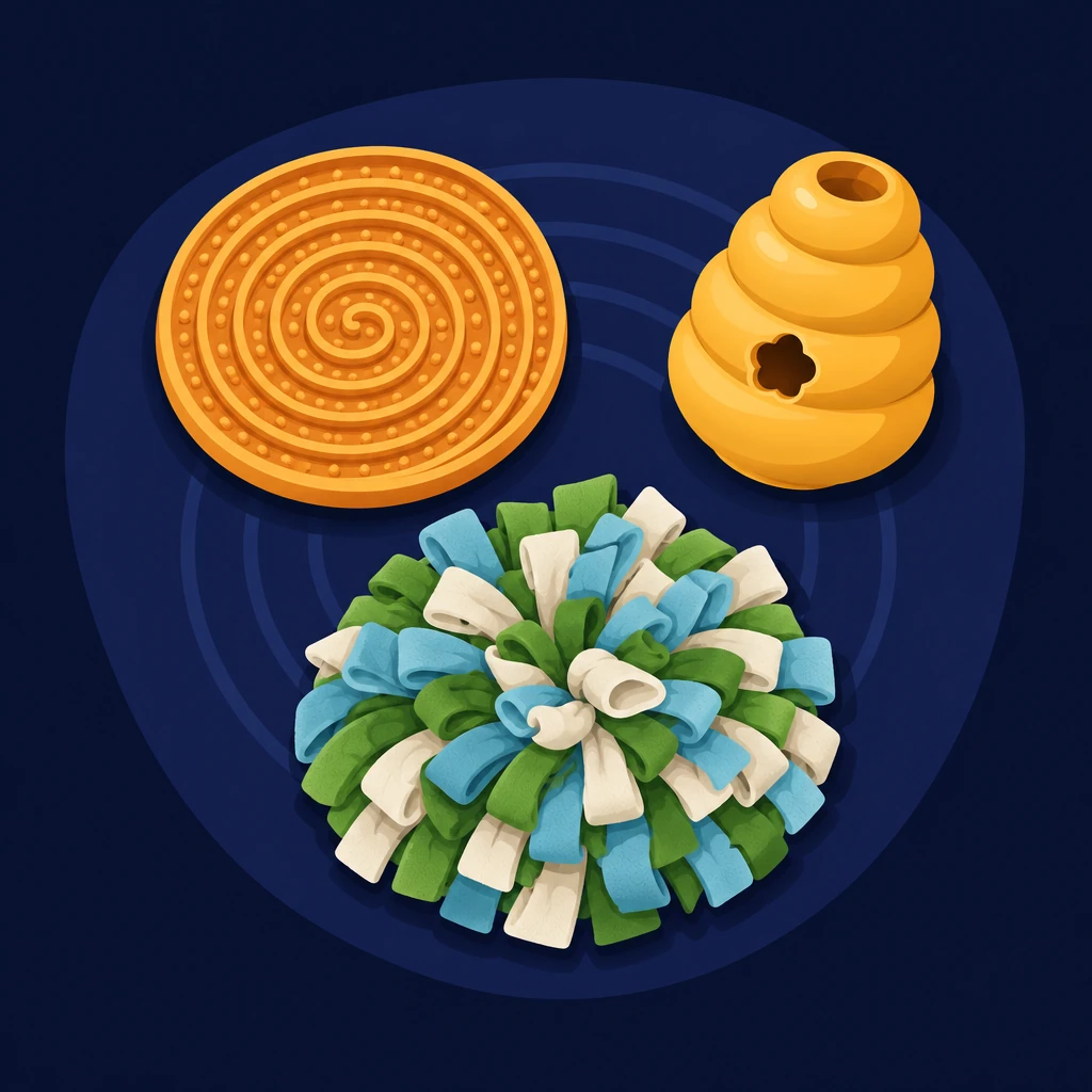 Lick mat, treat-dispensing rubber toy and snuffle mat arranged on a navy panel