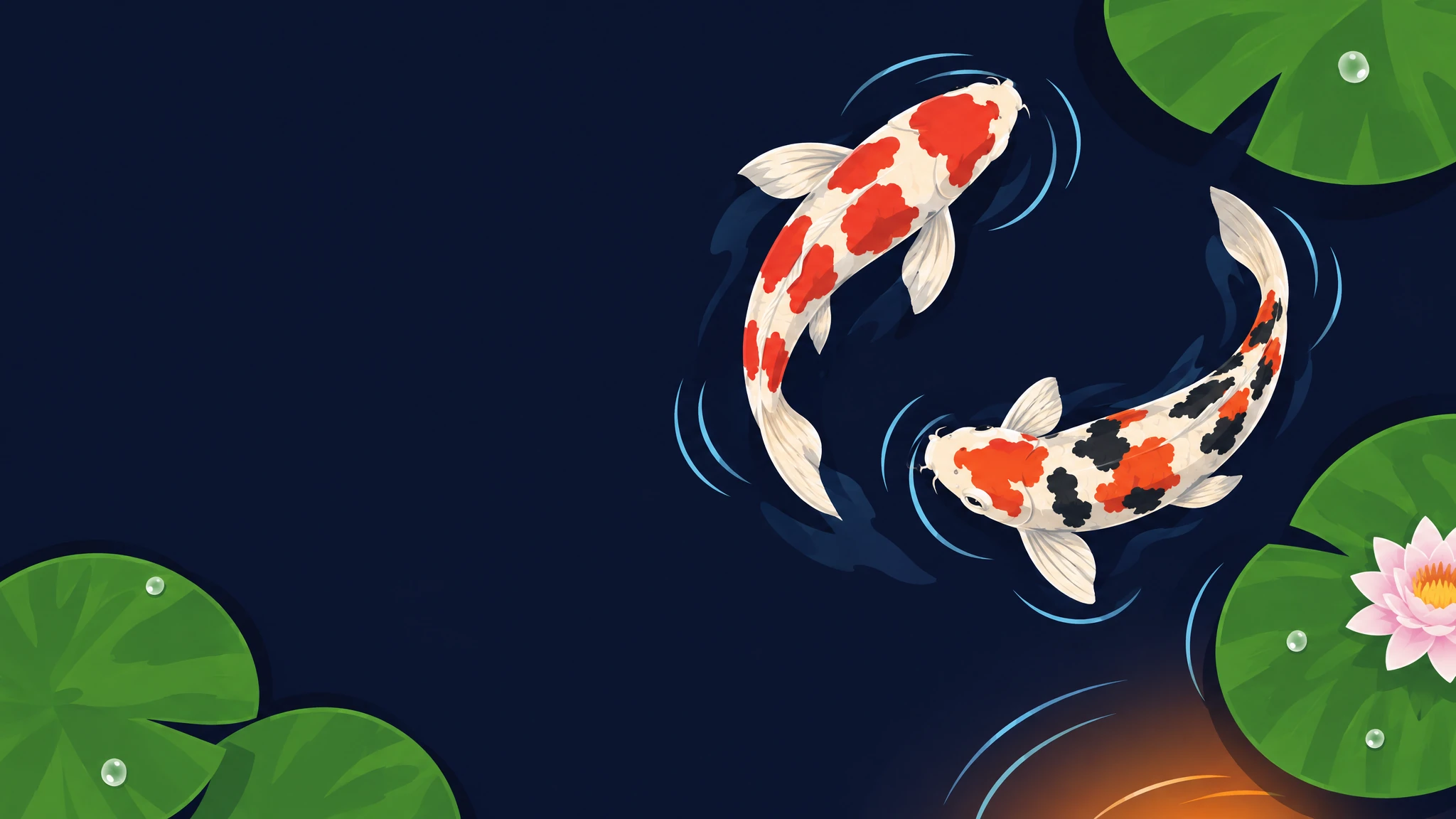 Illustrated top-down view of two koi swimming among lily pads in dark navy pond water
