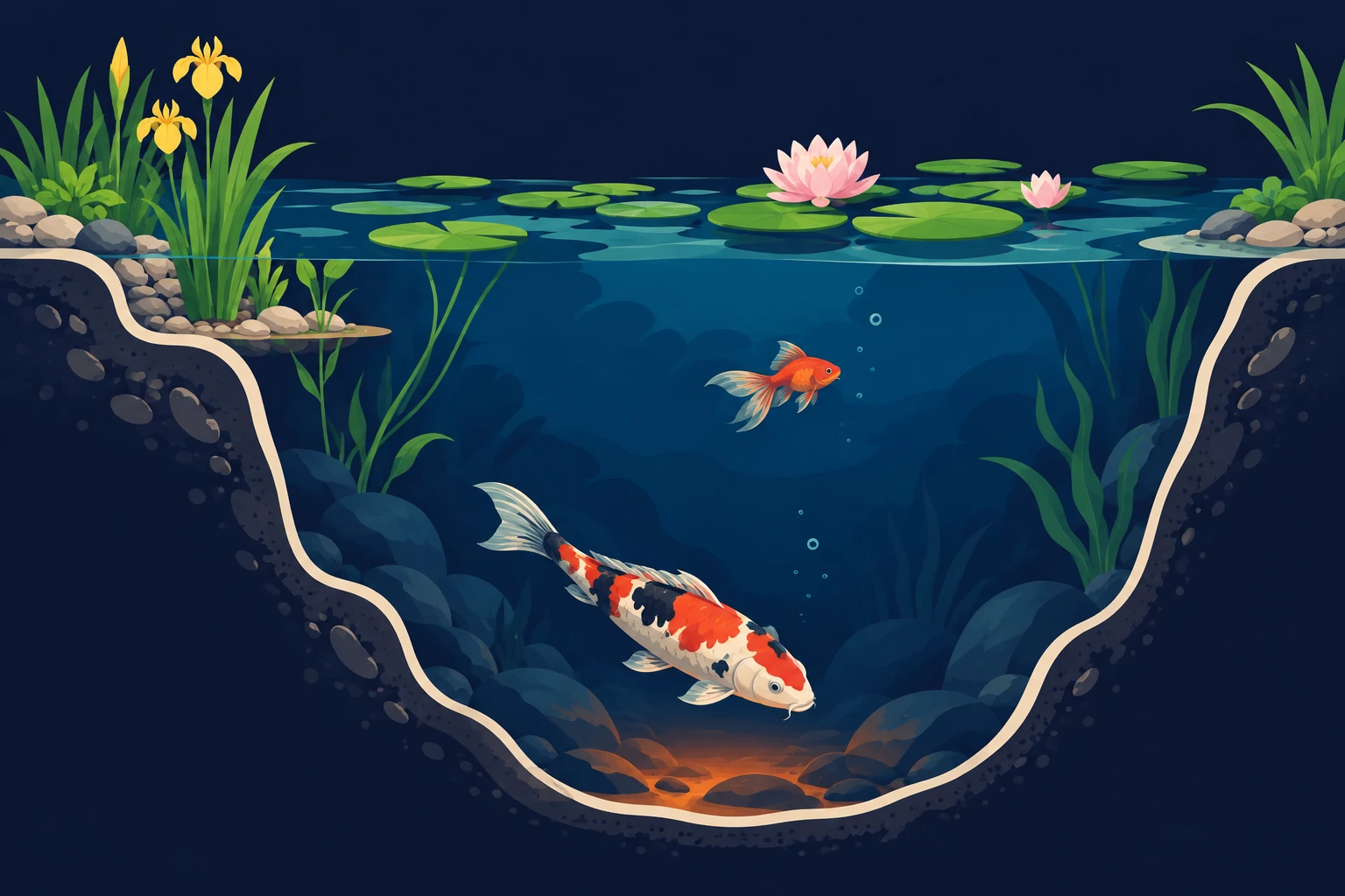 Illustrated cutaway of a deep garden pond with sloping sides and a large koi