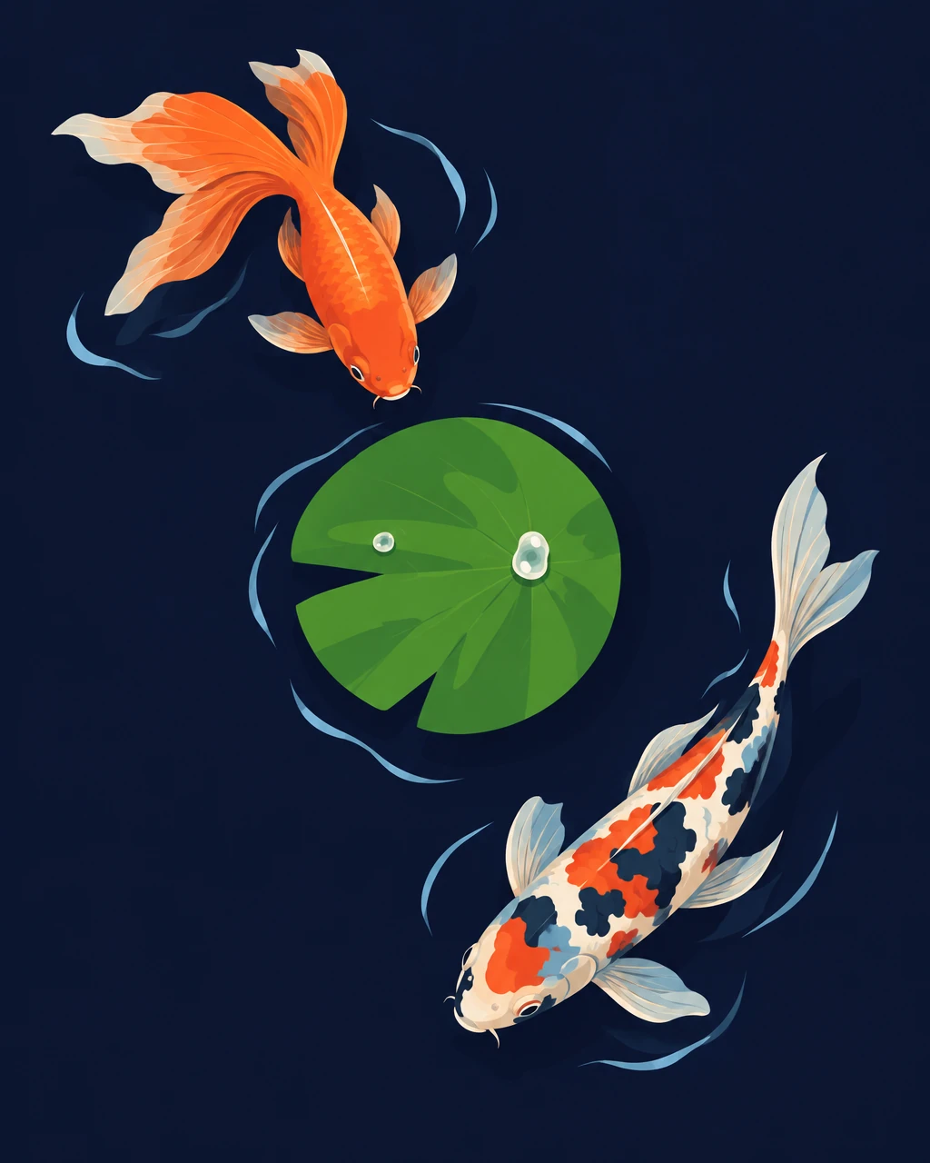 Illustration of a common goldfish and a patchwork shubunkin swimming beneath a lily pad