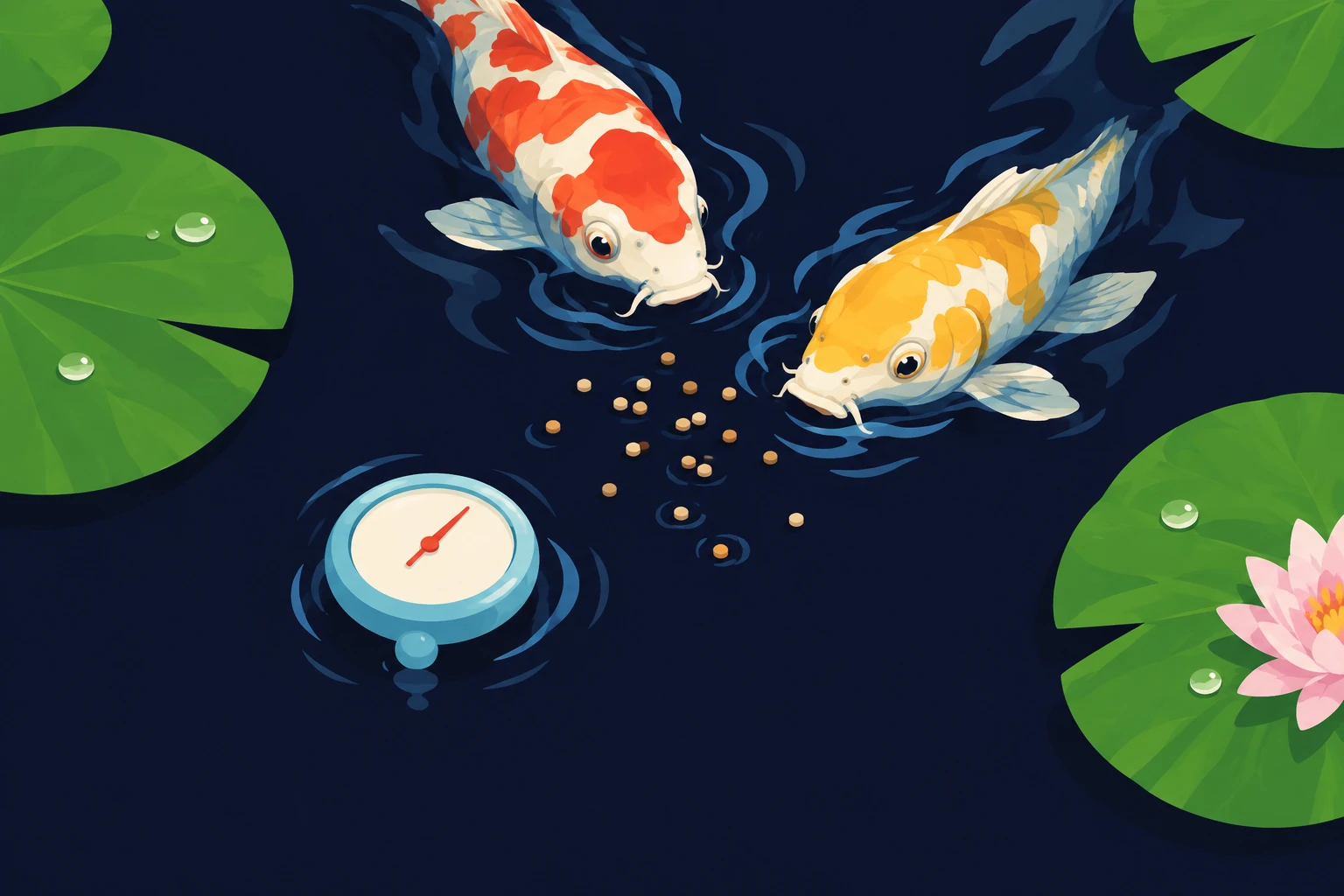 Illustration of a floating pond thermometer beside fish food pellets and koi at the surface