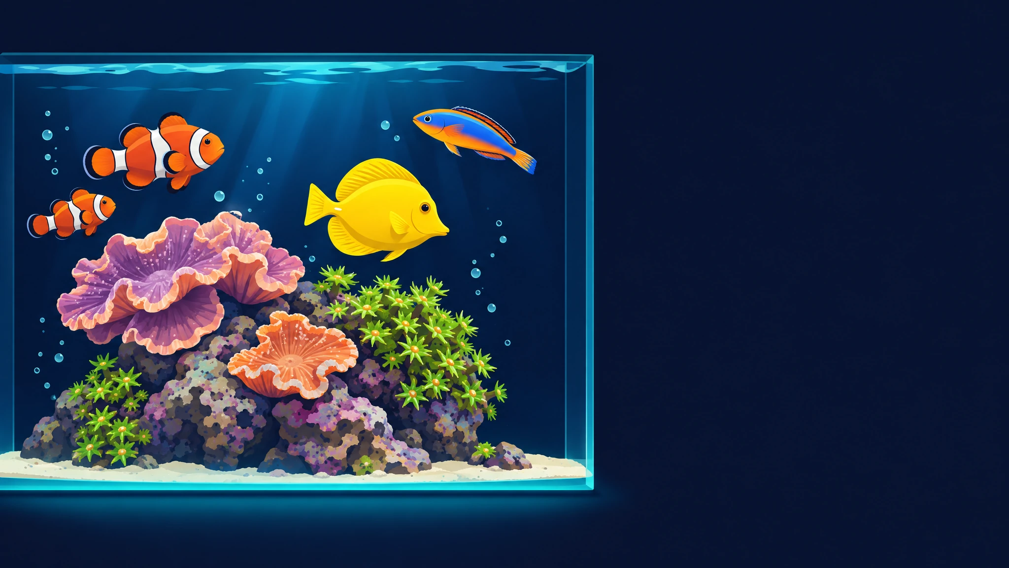 Illustrated reef aquarium with clownfish, a yellow tang, mushroom corals and polyps glowing teal against navy