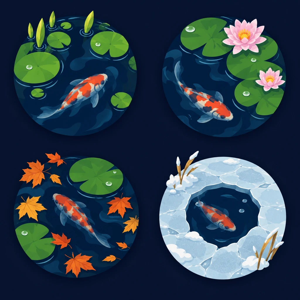 Four round illustrations of a pond in spring, summer, autumn and winter with koi below