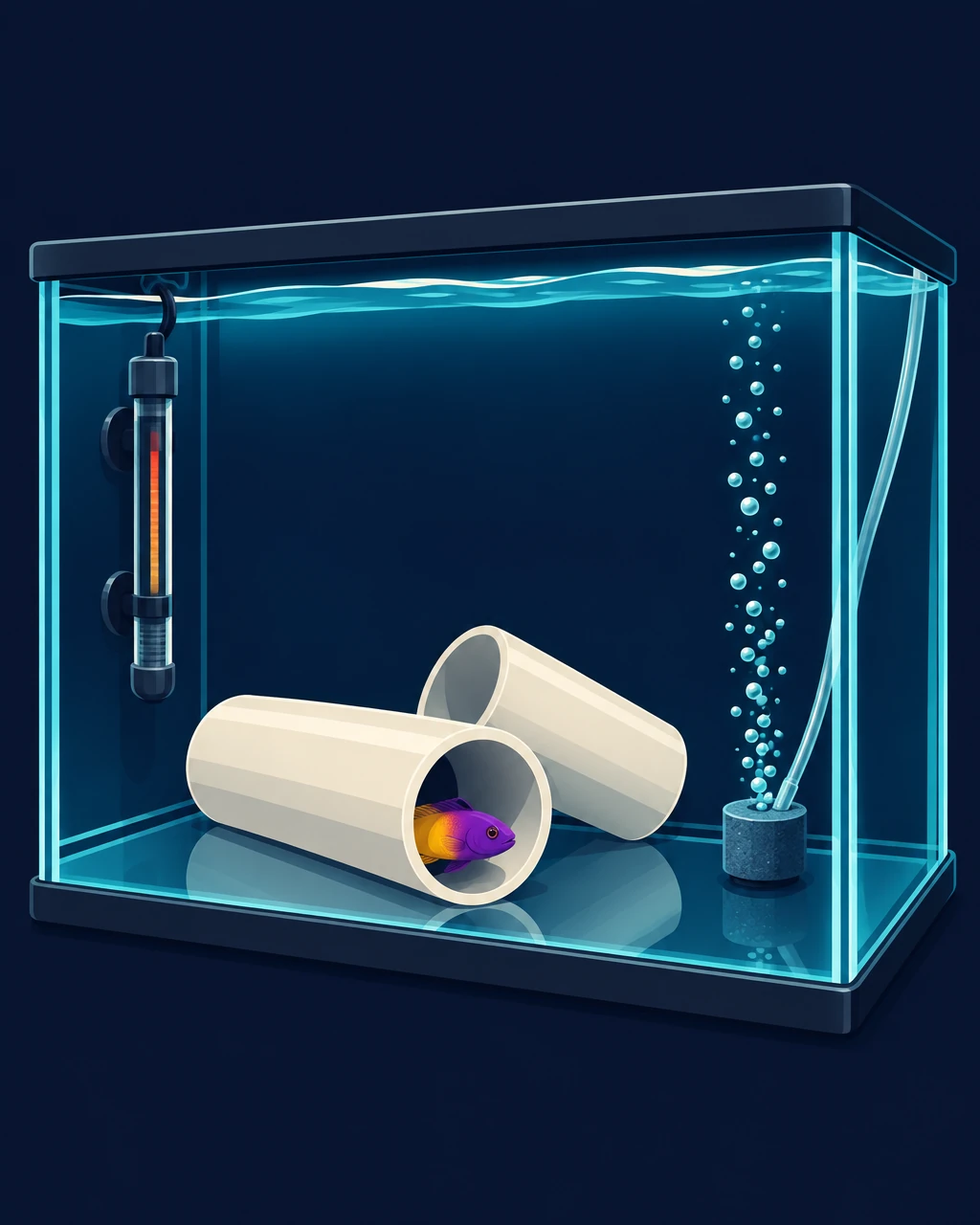 Illustration of a bare quarantine tank with PVC pipe hides, a heater and a royal gramma