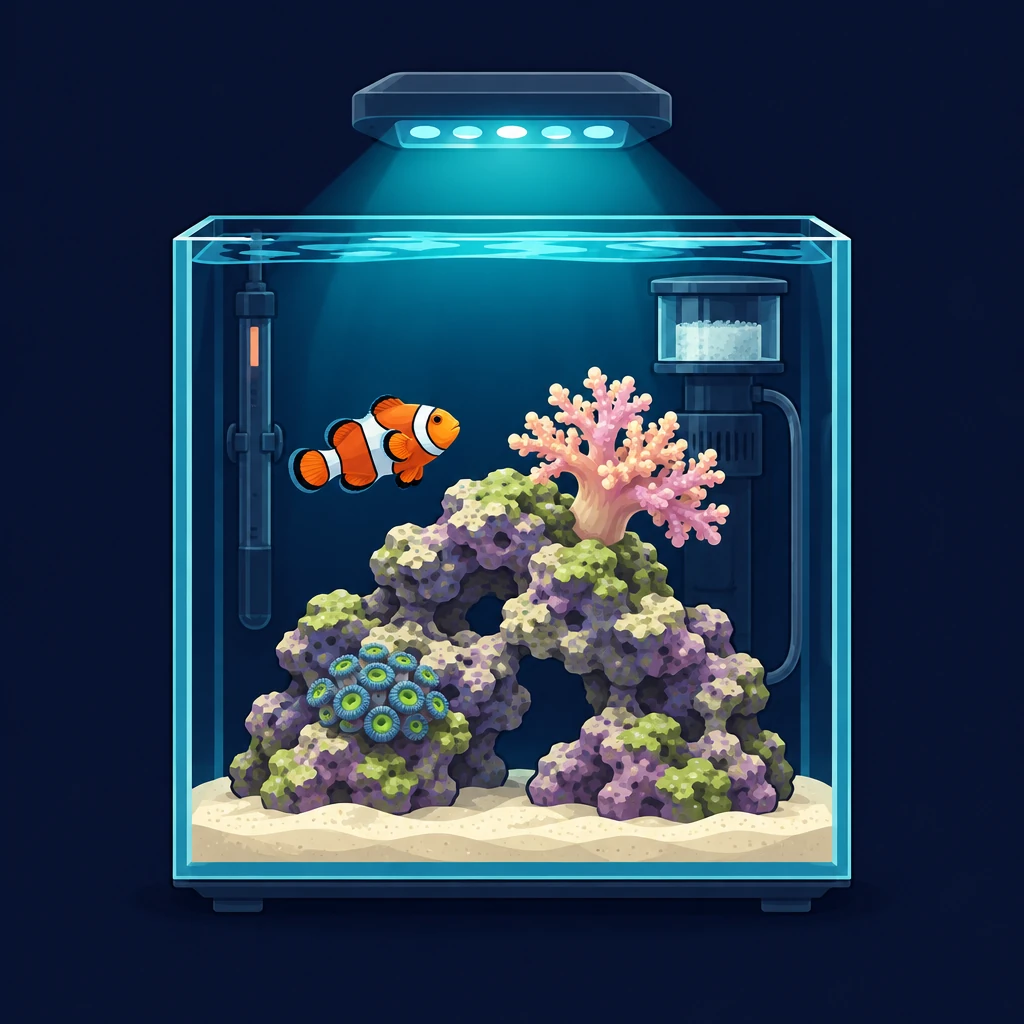 Illustration of a small cube reef aquarium with live rock, a clownfish and a soft coral
