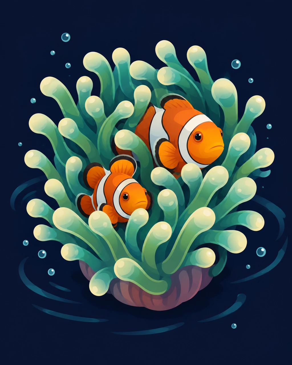 Illustration of a bubble-tip anemone with two clownfish sheltering among its tentacles