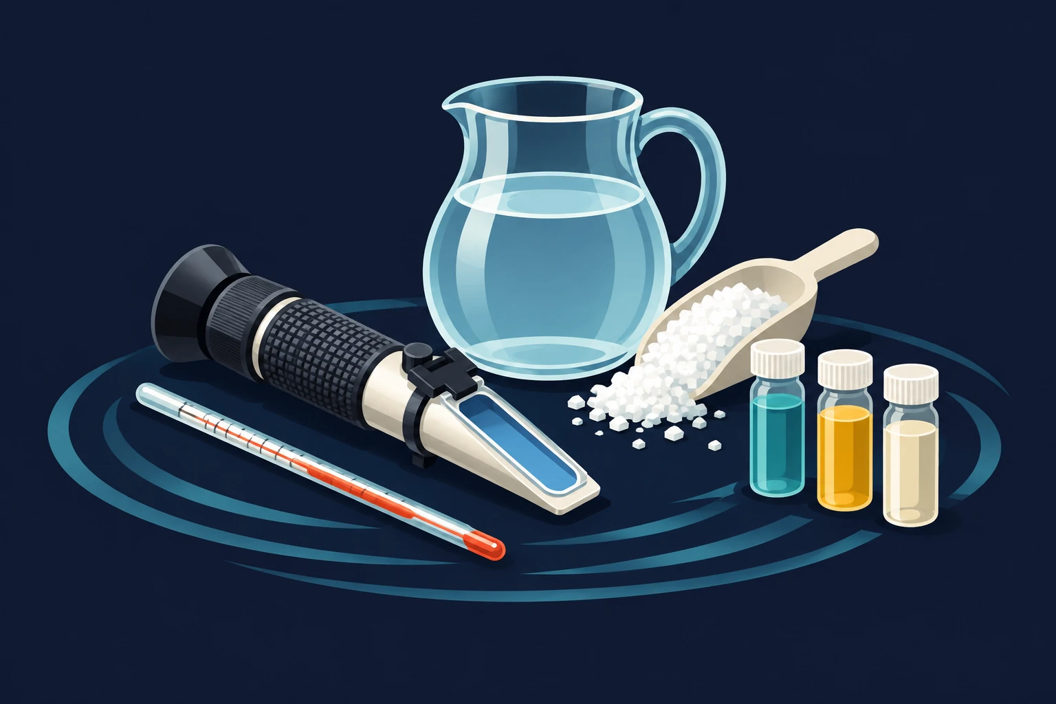 Illustrated still life of a refractometer, thermometer, sea salt, jug of water and test vials
