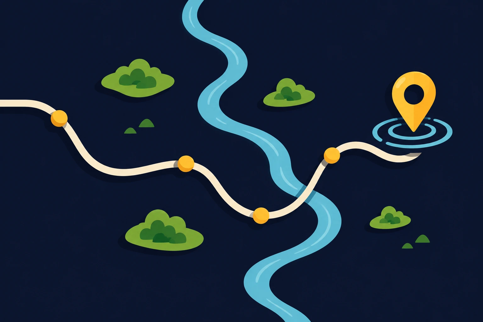 Illustrated map route with several gentle turns ending at a gold pin